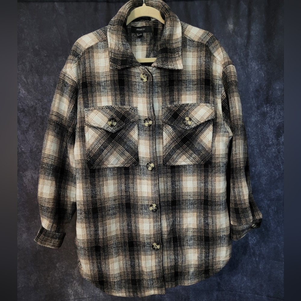 2X Plus Size Forever 21 Plaid Shacket in Black, Brown and Cream